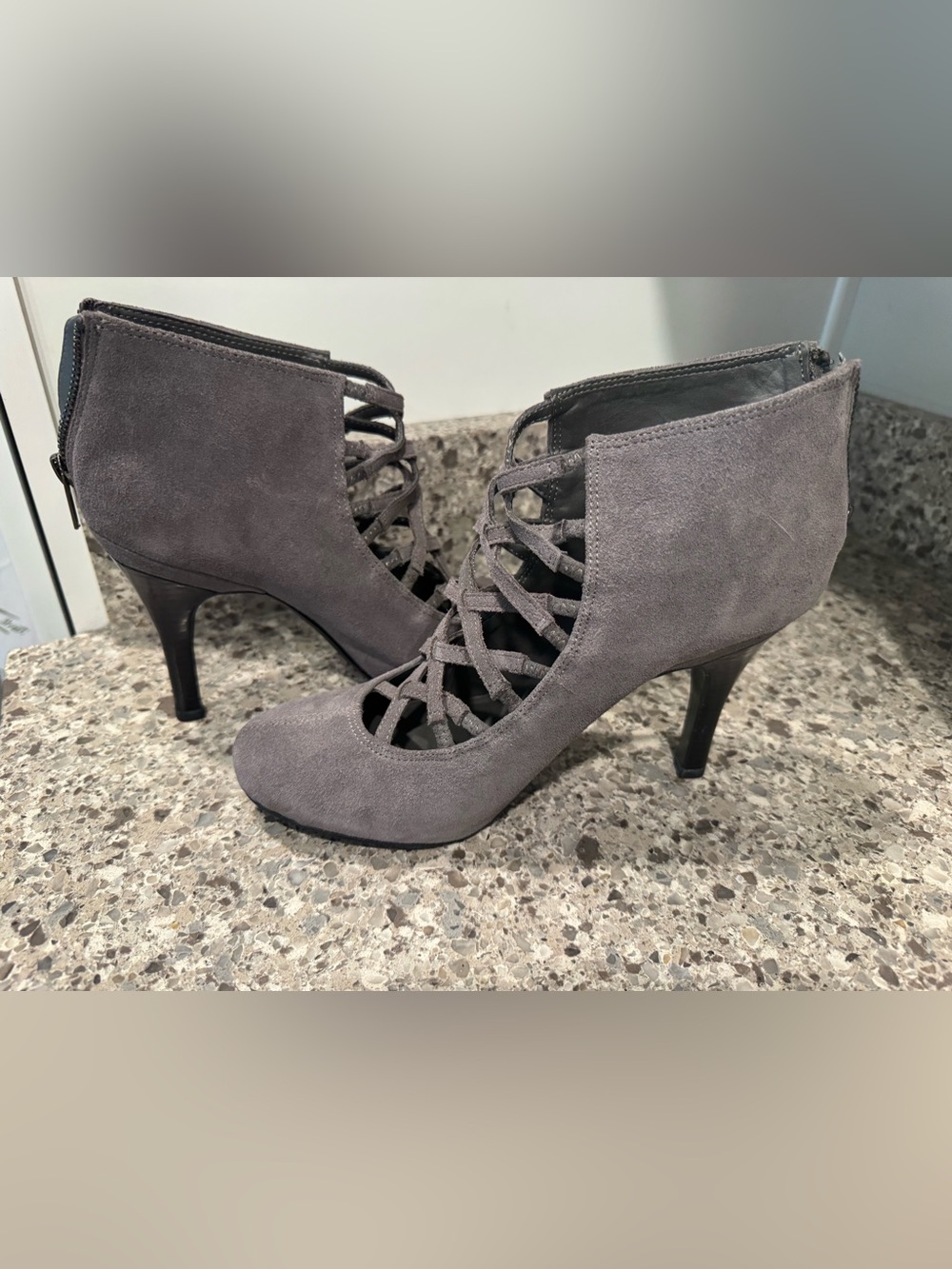 Steve Madden women’s Gray Suede Lace-Up Stiletto Booties